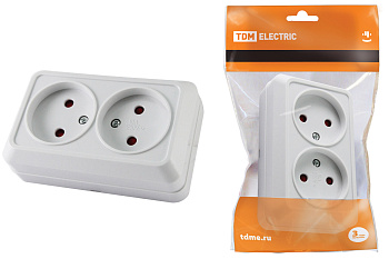 TDM Розетка двойная 2П открытой установки с з/ш IP20 10А, белый "Ладога" SQ1801-0061