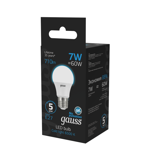Купить Gauss Лампа A60 7W 710lm 6500K E27 LED 1/10/50 102502307
