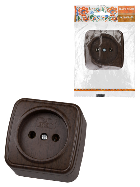 TDM Розетка 2П открытой установки IP20 10А, венге "Дача" Народная SQ1824-0027