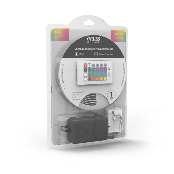 Купить Gauss Лента Basic в комплекте 12V 6W/m 390lm/m RGB IP20 LED 5m 1/50 BT012