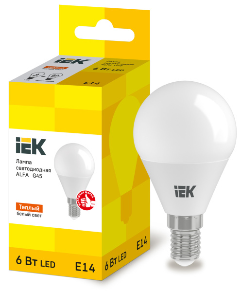 IEK Лампа LED ALFA G45 шар 6Вт 230В 3000К E14