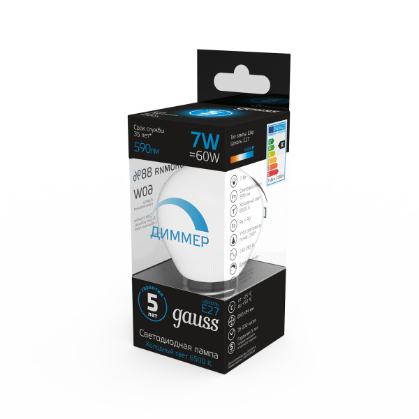 Купить Gauss Лампа Шар 7W 590lm 6500К E27 диммируемая LED 105102307-D