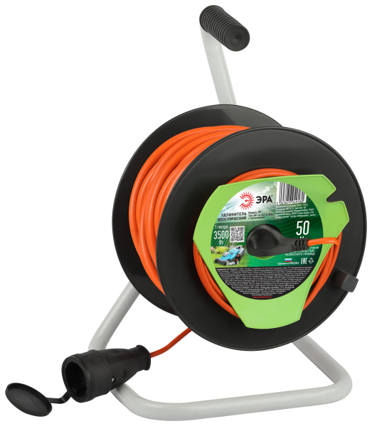 ЭРА Удлинитель силовой RP-1e-3x1.5-50m на пластиковой катушке c заземлением 50м 1 розетка ПВС 3х1,5мм2