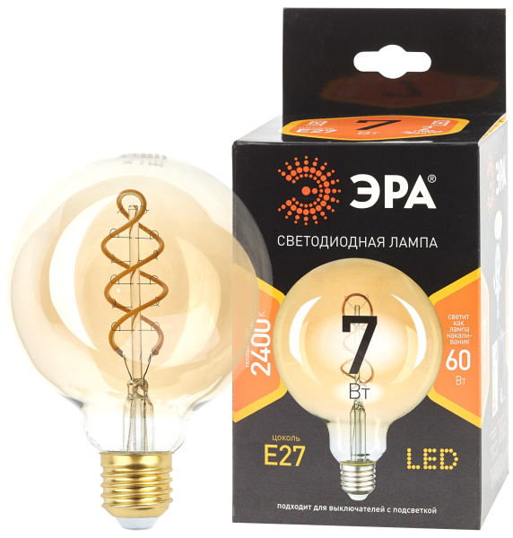 Эра  Лампа светодиодная  F-LED G95-7W-824-E27 spiral gold