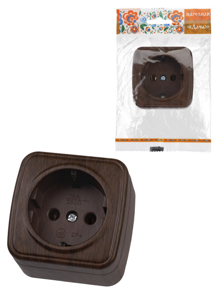 TDM Розетка 2П+З открытой установки IP20 16А, венге "Дача" Народная SQ1824-0028