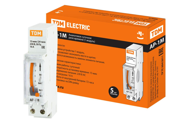 TDM Аналоговое суточное реле АР-1М-15мин/24ч-16А-DIN (1 модуль) SQ1503-0021