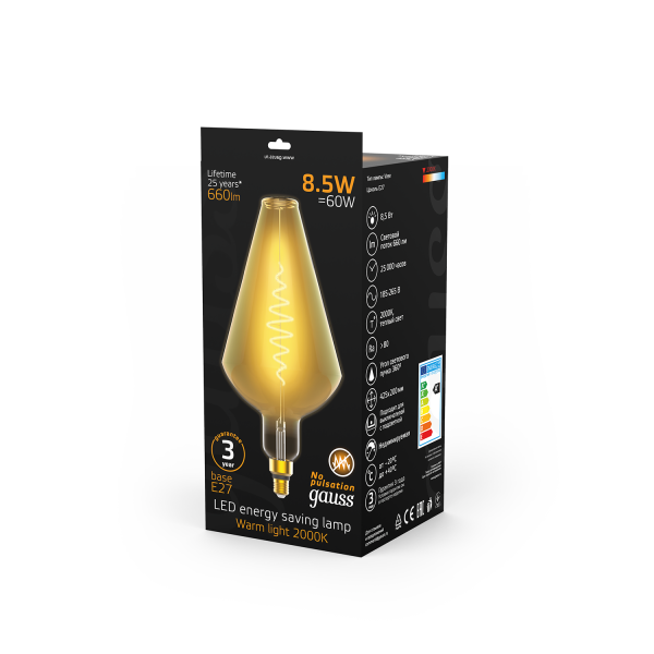 Купить Gauss Лампа Filament Vase 8.5W 660lm 2000К Е27 golden flexible LED 180802105