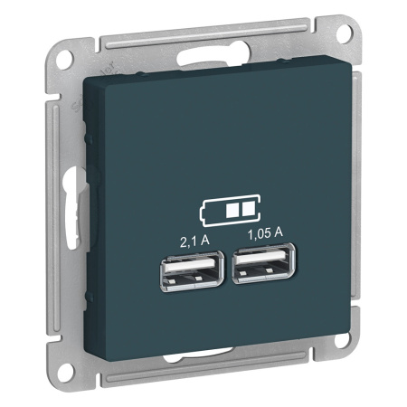 SE AtlasDesign Изумруд USB, 5В, 1 порт x 2,1 А, 2 порта х 1,05 А, механизм ATN000833