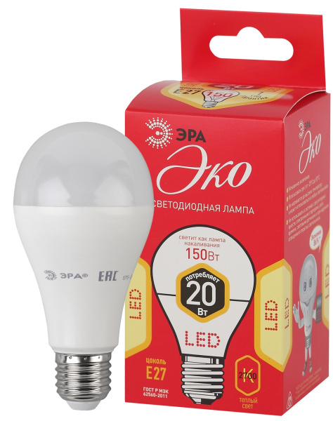 ЭРА ECO LED A65-20W-827-E27 (диод, груша, 20Вт, тепл, E27)