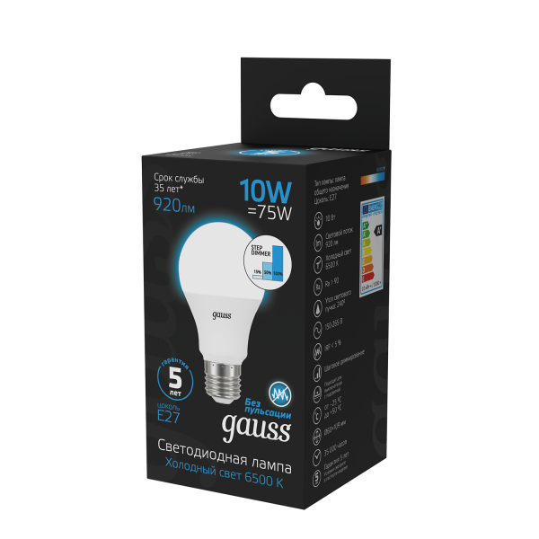 Купить Gauss Лампа A60 10W 920lm 6500K Е27 шаг. диммирование LED 102502310-S