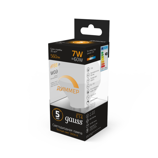 Купить Gauss Лампа LED Шар-dim E14 7W 560lm 3000К диммируемая 105101107-D