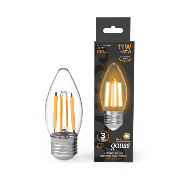 Купить Gauss Лампа Filament Свеча 11W 810lm 2700К Е27 LED 1/10/50 103802111