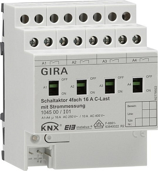 Gira KNX Актор 4-х канальный 16 А контроль силы тока возм ручн упр DIN-рейка 104500