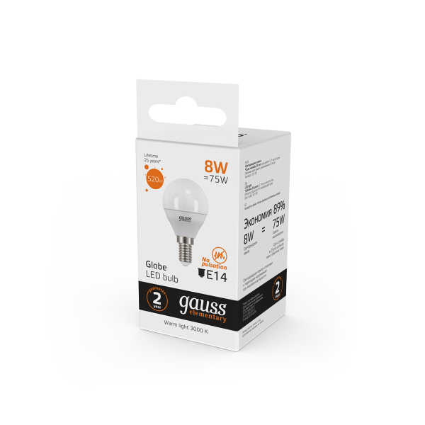 Купить Gauss Лампа Elementary Шар 8W 520lm 3000K Е14 LED 53118