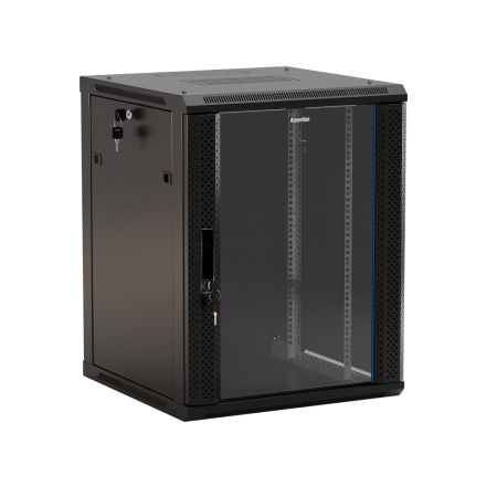 Hyperline TWB-0966-GP-RAL9004 Шкаф настенный 19-дюймовый (19"), 9U, 500x600х600мм, стеклянная дверь с перфорацией по бокам, ручка с замком, цвет черны 392631