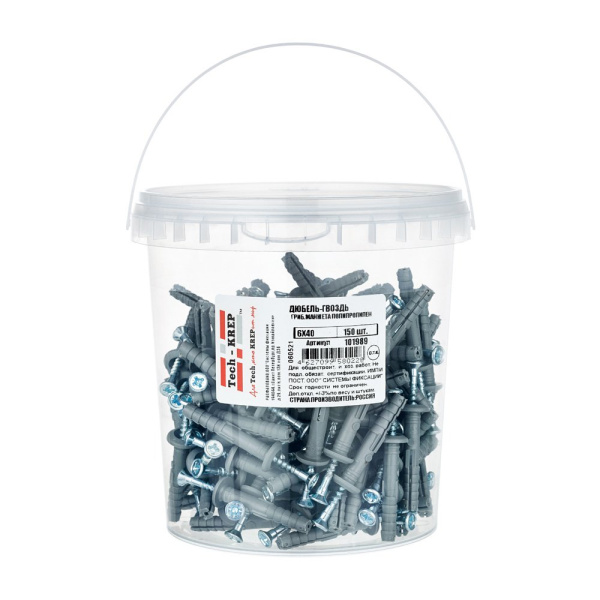 Tech-Krep Дюбель-гвоздь 6х40 гриб. манжета (полипропилен) (150 шт) - ведро 101989