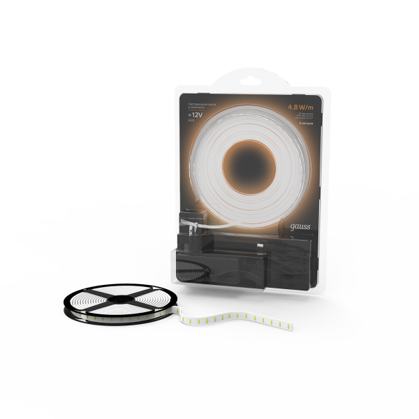 Купить Gauss Лента LED Комплект 2835/60-SMD 4,8W 12V DC теплый белый IP20 (блистер 5м) 1/50 312400148