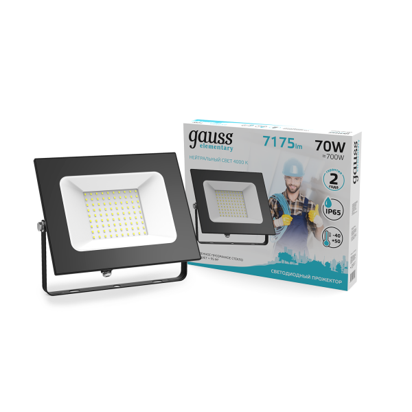 Gauss Прожектор Elementary 70W 7175lm 4000К 175-265V IP65 черный LED 613100270 Купить Gauss Прожектор Elementary 70W 7175lm 4000К 175-265V IP65 черный LED 613100270