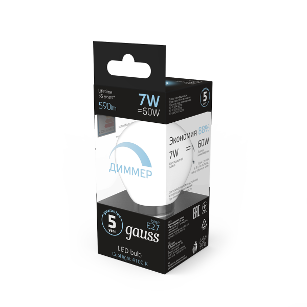 Купить Gauss Лампа Шар 7W 590lm 4100К Е27 диммируемая LED 105102207-D