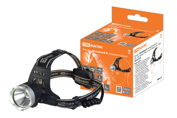 TDM Фонарь «Налобный 9» аккумуляторный, 5Вт 1 светодиод CREE, Li-Ion 2x18650 2 Ач, SQ0350-0048