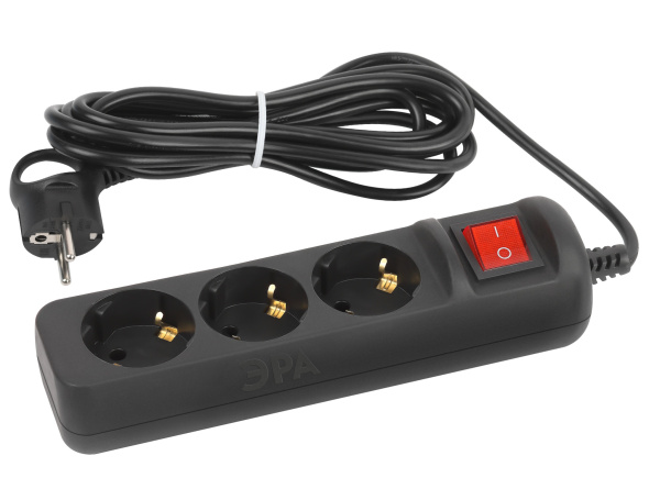 ЭРА Удлинитель электрический UX-3es-5m-B с заземлением с выключателем 3 розетки 5м ПВС 3x0,75мм2 10А черный