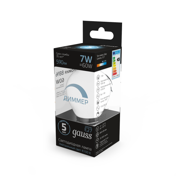 Купить Gauss Лампа Шар 7W 590lm 4100К Е27 диммируемая LED 105102207-D
