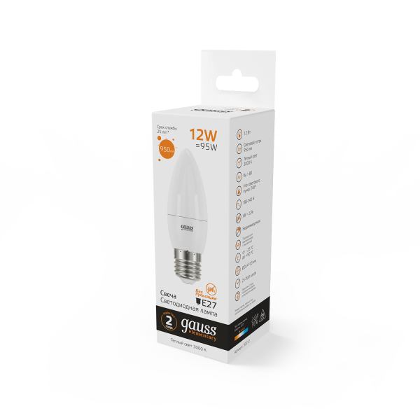 Купить Gauss Лампа Elementary Свеча 12W 950lm 3000K E27 LED 30212