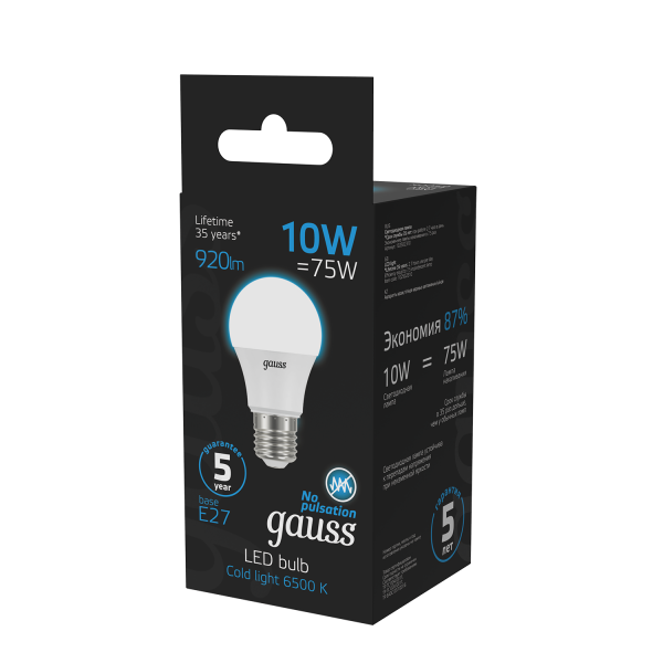 Купить Gauss Лампа A60 10W 920lm 6500K E27 LED 1/10/50 102502310