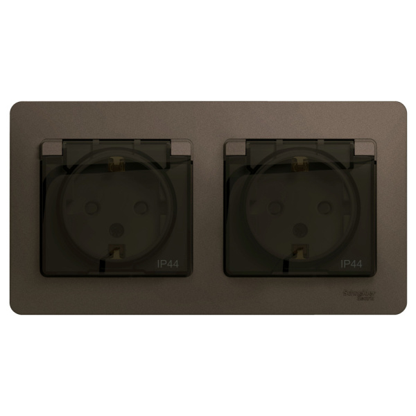 Systeme Electric Glossa Шоколад Розетка 2-ая с/з, со шторками, в сборе, IP44