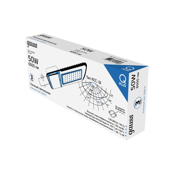 Купить Gauss Светильник уличный Qplus 50W 6000lm 5000K 120-260V IP65 370*145*45мм черный КСС "Ш" LED 629535350