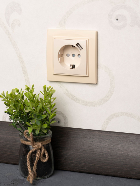 Купить EKF Basic Минск Бежевый Розетка с/з, со шторками, 16А, с USB 1А, СП