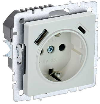 IEK BRITE BASE Жемчуг Розетка с з/к/ш 16А с USB A+C 18Вт РЮш11-1-БрЖ