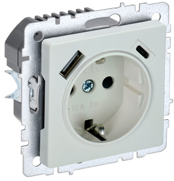 IEK BRITE BASE Жемчуг Розетка с з/к/ш 16А с USB A+C 18Вт РЮш11-1-БрЖ