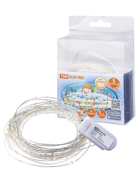 TDM Гирлянда светодиодная "Роса50" 50LED, 5м, 3000К, 2хCR2032, SQ0361-0055