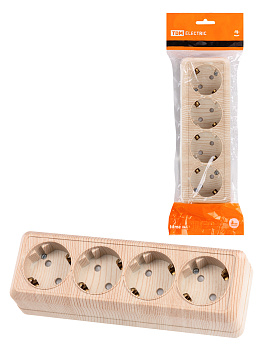 TDM Розетка 4-х местная горизонтальная 2П+3 открытой установки IP20 16A с з/ш сосна "Ладога" SQ1801-0431