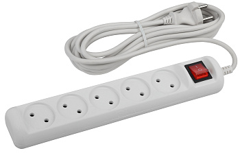 ЭРА Удлинитель электрический U-5s-3m-2x1 без заземления c выключателем 5 розеток 3м ПВС 2x1мм2 10А