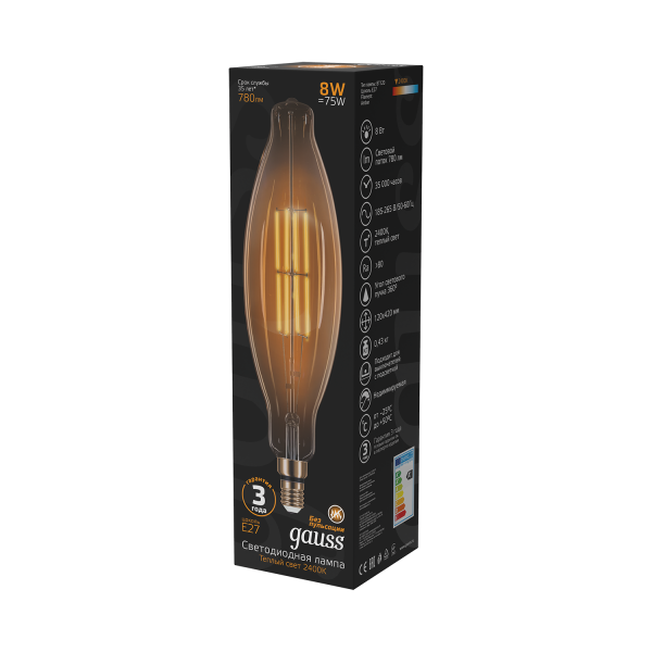 Купить Gauss Лампа Filament BT120 6W 780lm 2400К Е27 golden straight LED 155802008