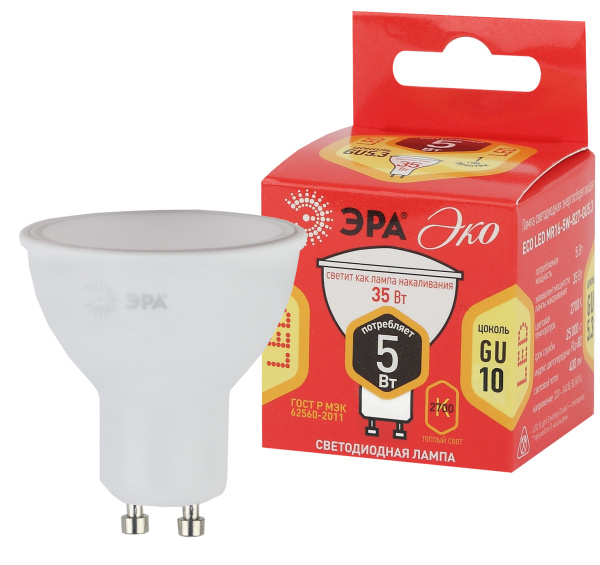 ЭРА ECO LED MR16-5W-827-GU10 (диод, софит, 5Вт, тепл, GU10)