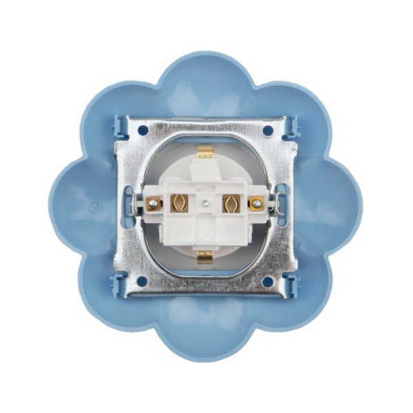 Купить Kranz Розетка одноместная HAPPY с/у, с заземлением и защитными шторками Цветок, белая/голубая KR-78-0628