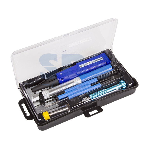 Купить Набор для пайки (паяльник 8Вт, оловоотсос, подставка, припой, отвертка, интрумент для монтажа) Rexant 12-0167