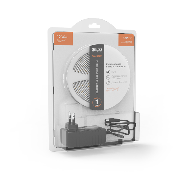 Купить Gauss Лента Basic в комплекте 12V 10W/m 700lm/m 3000K IP20 LED 5m 1/50 BT044