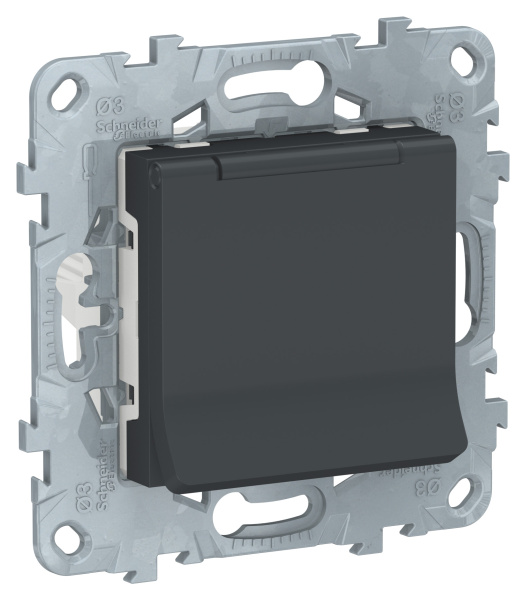 Купить SE Unica New Антрацит Розетка с/з со шторками, с крышкой, 16А, 250В, IP40 NU503754TA