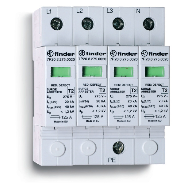 Finder Устройство защиты от импульсных перенапряжений УЗИП тип 2 (4 варистора); модульный, ширина 70мм; степень защиты IP20 7P2582751020