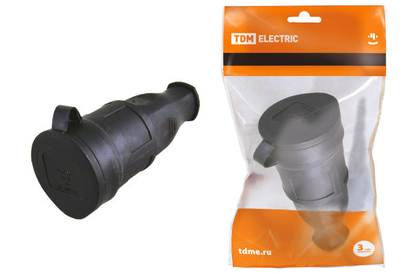 TDM Розетка переносная с заглушкой каучук 2Р+РЕ 16А 250В IP44 SQ0612-0002