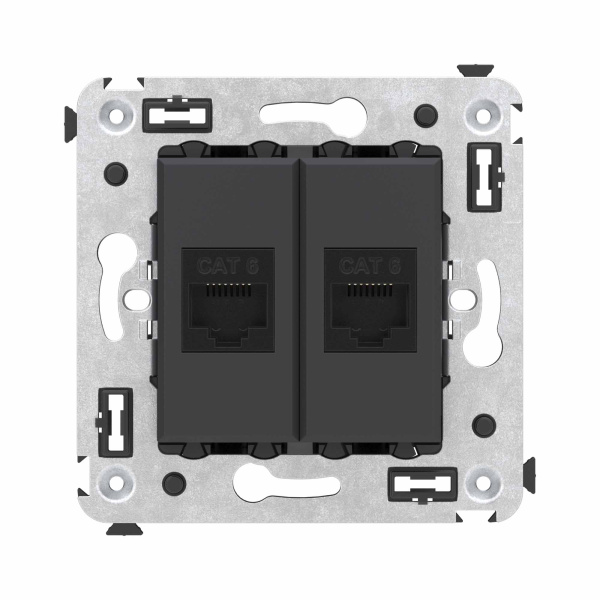 DKC Компьютерная розетка RJ-45 без шторки в стену, кат.6 двойная, "Avanti", "Черный матовый"