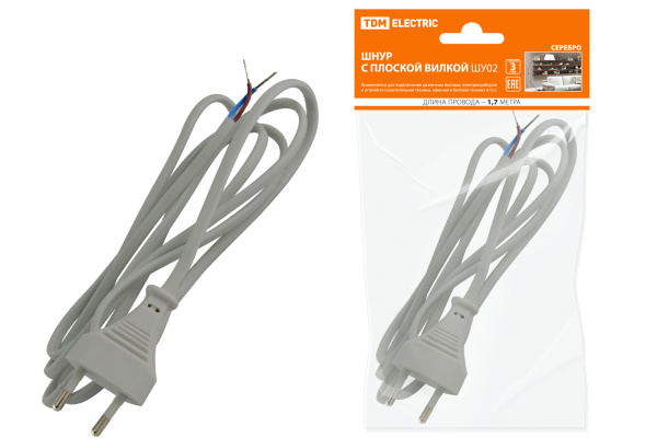TDM Шнур с плоской вилкой ШУ02 ШВВП 2х0,75мм2 1,7 м. серебр. металлик SQ1305-0015