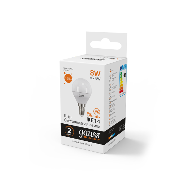 Купить Gauss Лампа Elementary Шар 8W 520lm 3000K Е14 LED 53118