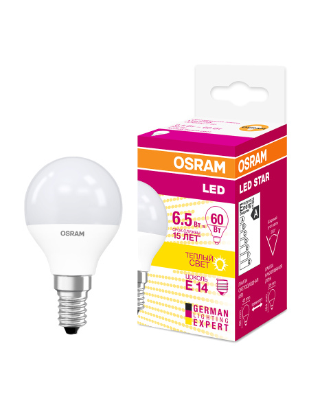 Купить Osram Светодиодная лампа LED STAR Classic P 6,5W (замена 60Вт),теплый белый свет, матовая колба, Е14 4058075134294