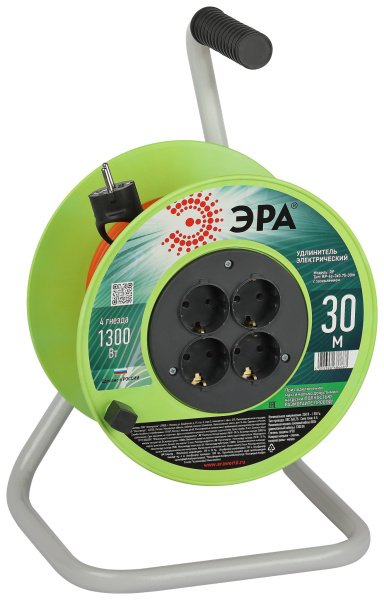 ЭРА Удлинитель силовой RP-4e-3х0.75-30m на пластиковой катушке c заземлением 4 розетки 30м ПВС 3х0,75мм2