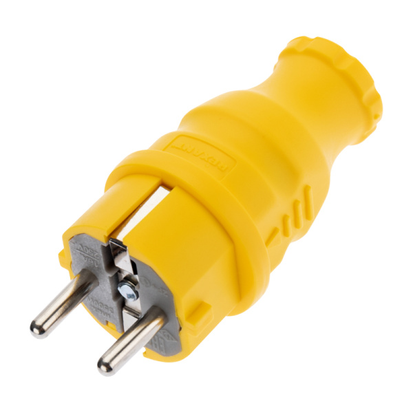 Вилка прямая влагозащищенная, c/з, 16А. IP44, каучук желтая Rexant 111-014